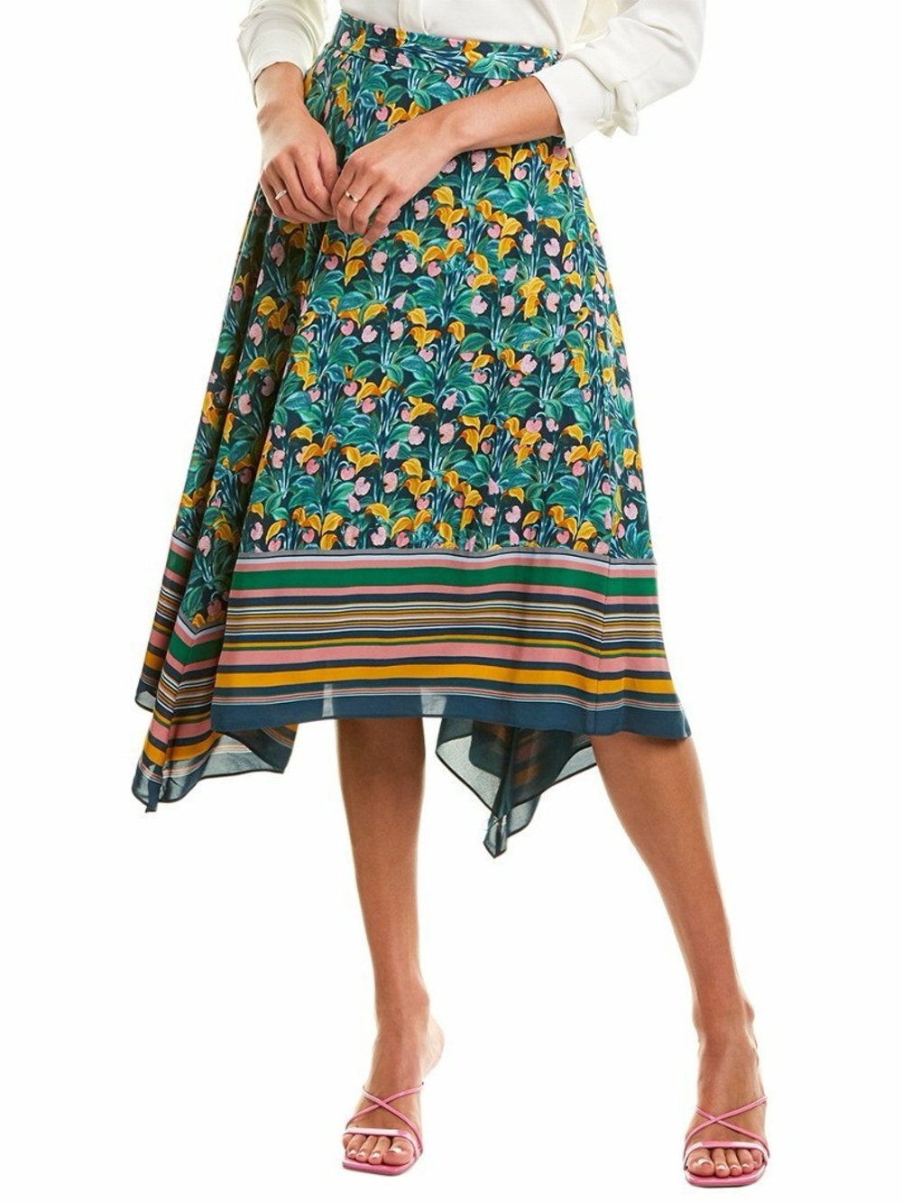Diane Von Furstenberg Denver Floral Asymmetrical Skirt with Stripe Hem